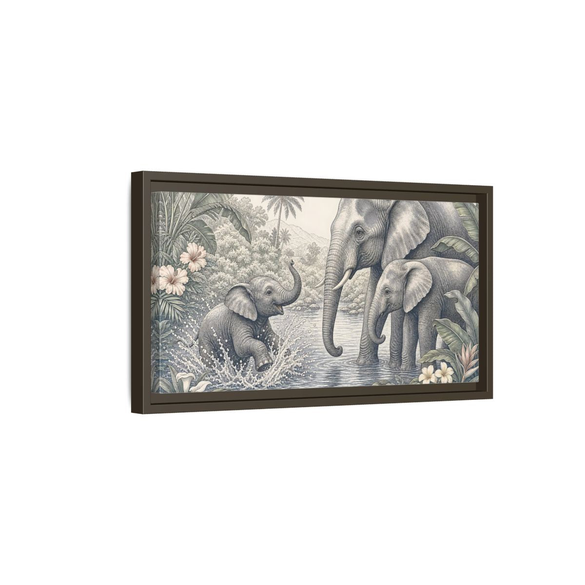 Side Mockup 7. Animals Elephants Green And Grey shown as stretched canvas wall art