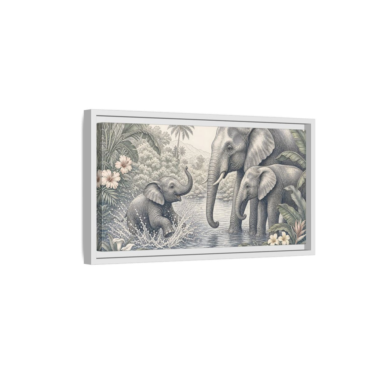 Side Mockup 6. Animals Elephants Green And Grey shown as stretched canvas wall art