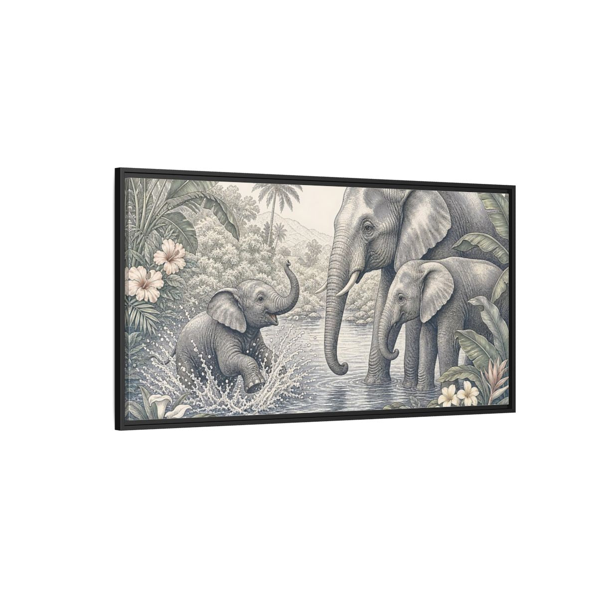 Side Mockup 5. Animals Elephants Green And Grey shown as stretched canvas wall art