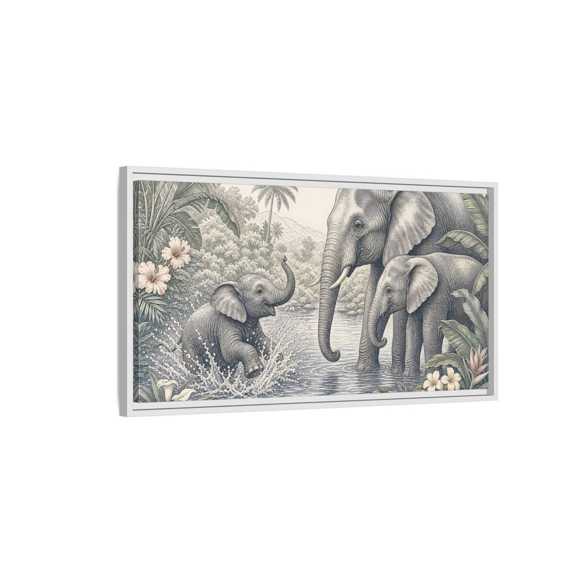 Side Mockup 1. Animals Elephants Green And Grey shown as stretched canvas wall art
