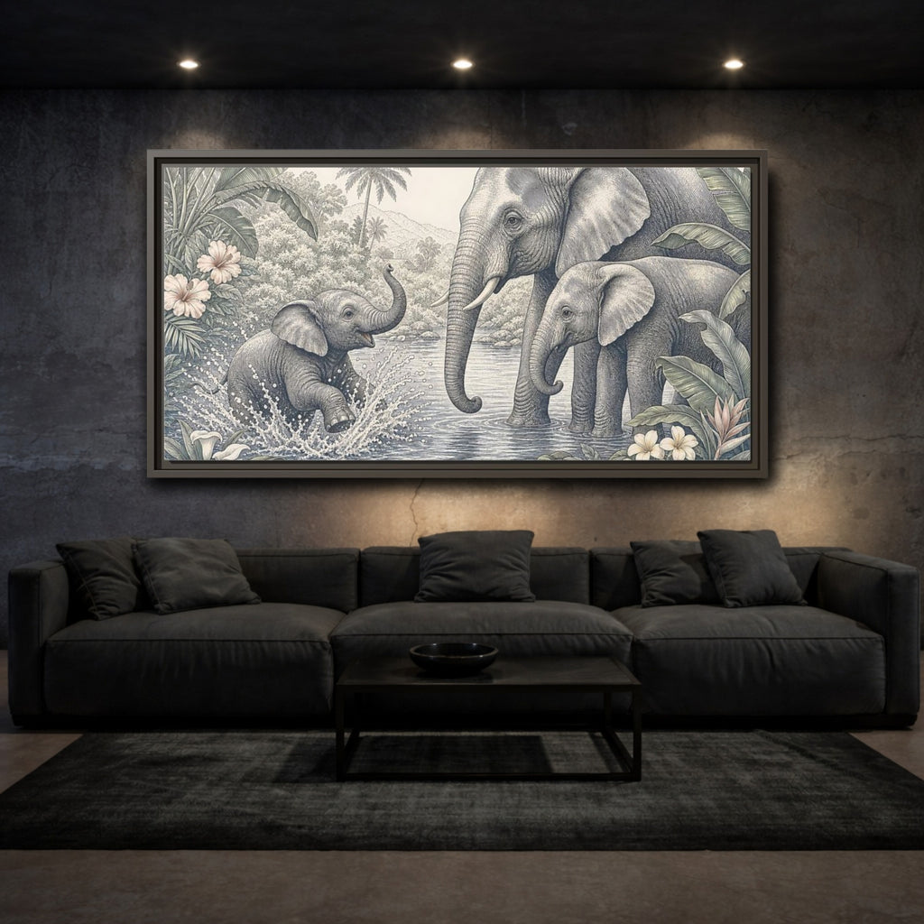 Mockup 2. Animals Elephants Green And Grey shown as stretched canvas wall art