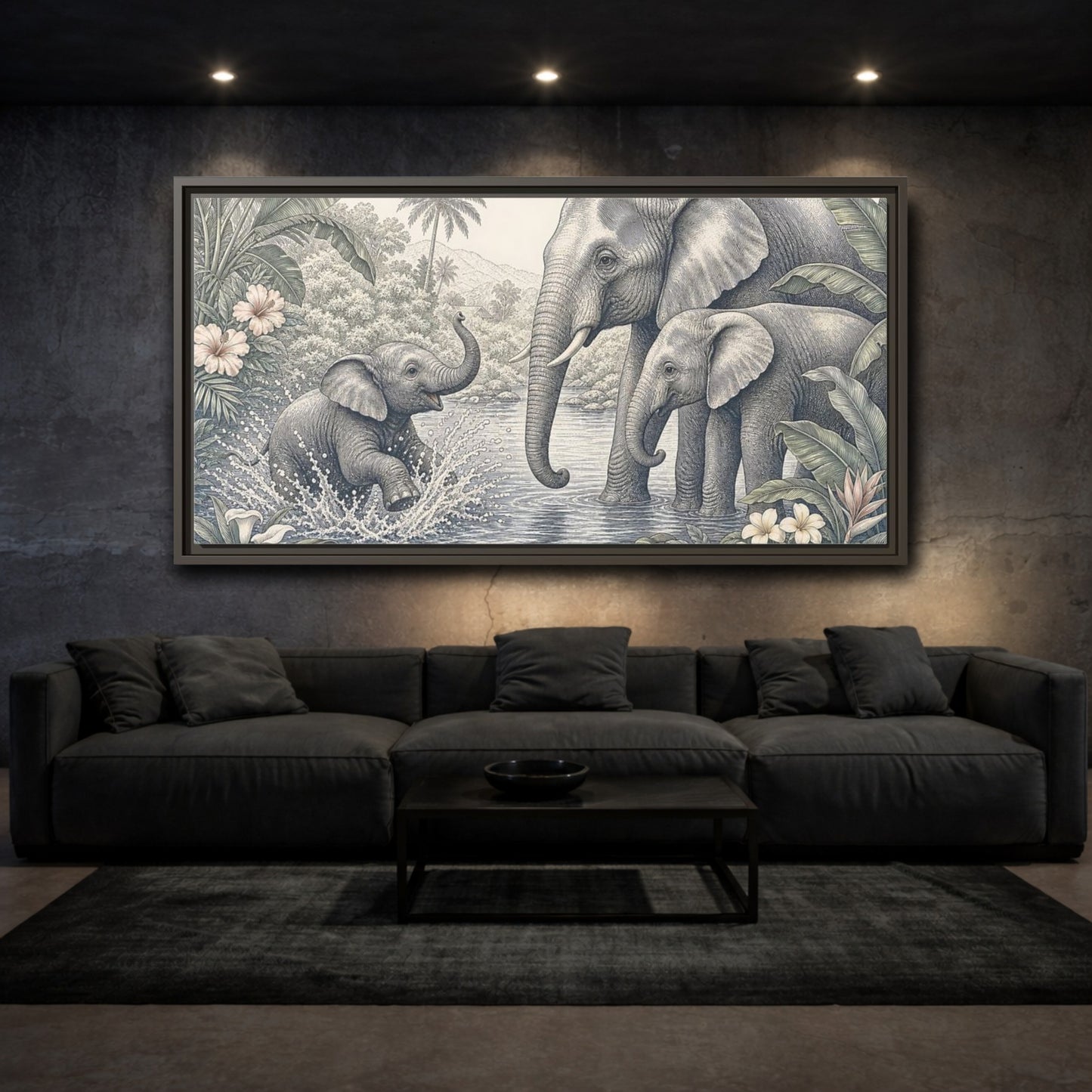 Mockup 2. Animals Elephants Green And Grey shown as stretched canvas wall art