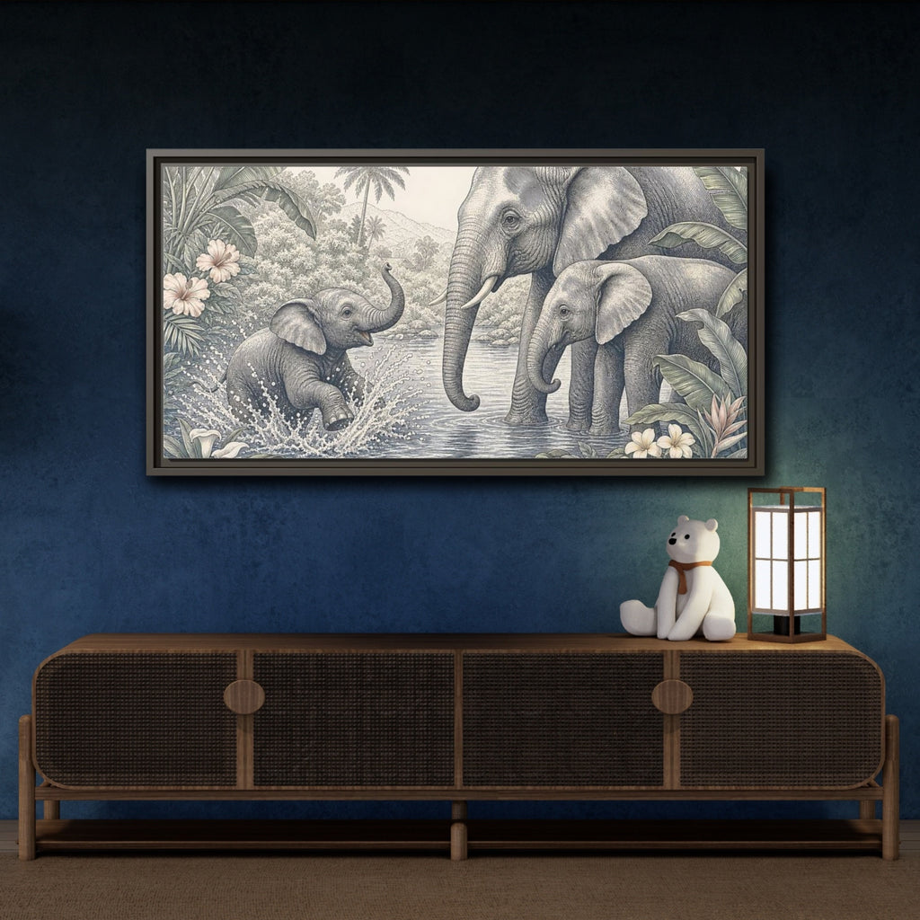 Mockup 4. Animals Elephants Green And Grey shown as stretched canvas wall art