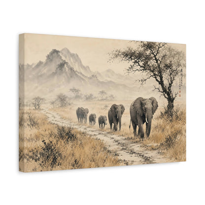 Side Mockup 4. Animals Elephants Sepia Elephants shown as stretched canvas wall art