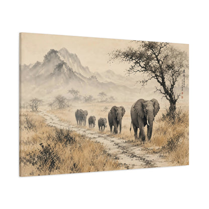 Side Mockup 1. Animals Elephants Sepia Elephants shown as stretched canvas wall art