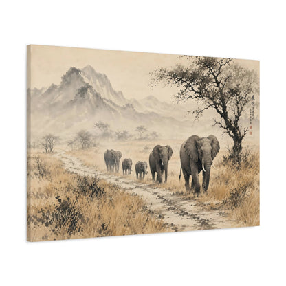 Main Mockup. Animals Elephants Sepia Elephants shown as stretched canvas wall art