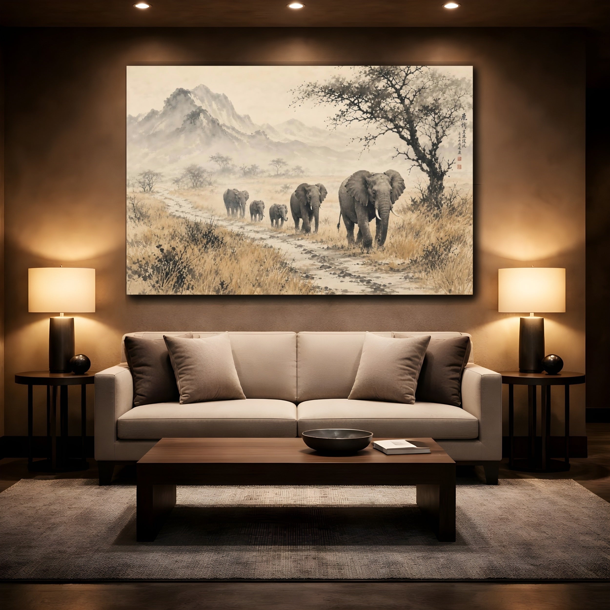 Mockup 2. Animals Elephants Sepia Elephants shown as stretched canvas wall art