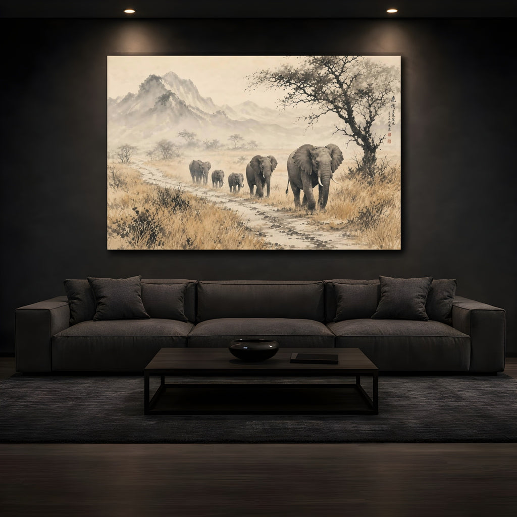 Mockup 3. Animals Elephants Sepia Elephants shown as stretched canvas wall art