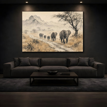 Mockup 3. Animals Elephants Sepia Elephants shown as stretched canvas wall art