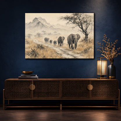 Mockup 4. Animals Elephants Sepia Elephants shown as stretched canvas wall art