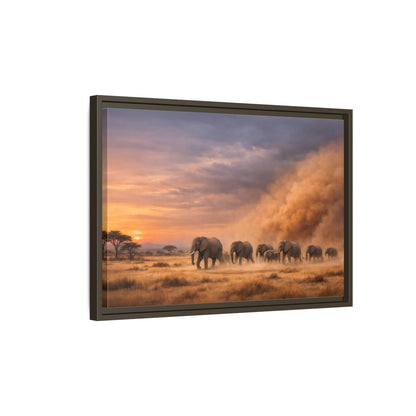 Side Mockup 2. Animals Elephants Elephants Sunset shown as stretched canvas wall art
