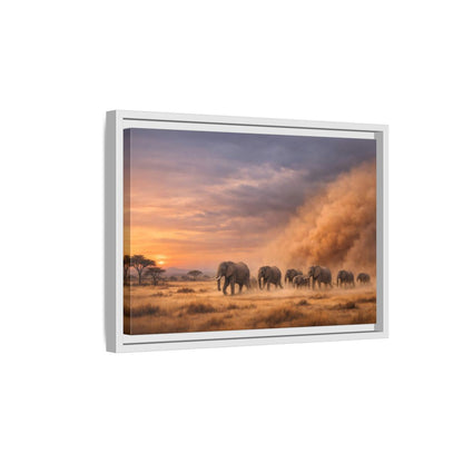 Side Mockup 4. Animals Elephants Elephants Sunset shown as stretched canvas wall art
