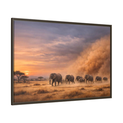 Side Mockup 8. Animals Elephants Elephants Sunset shown as stretched canvas wall art