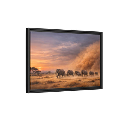Side Mockup 3. Animals Elephants Elephants Sunset shown as stretched canvas wall art