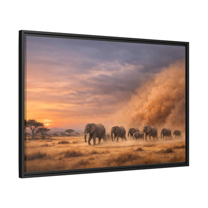 Side Mockup 13. Animals Elephants Elephants Sunset shown as stretched canvas wall art