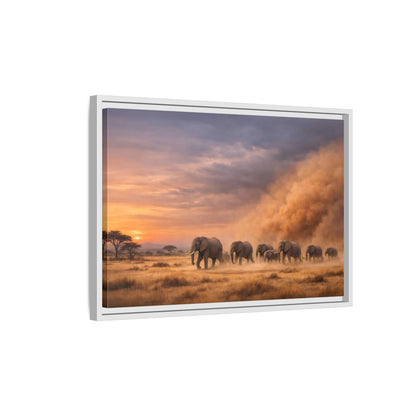 Side Mockup 1. Animals Elephants Elephants Sunset shown as stretched canvas wall art
