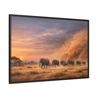 Side Mockup 12. Animals Elephants Elephants Sunset shown as stretched canvas wall art