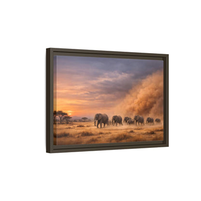 Side Mockup 5. Animals Elephants Elephants Sunset shown as stretched canvas wall art