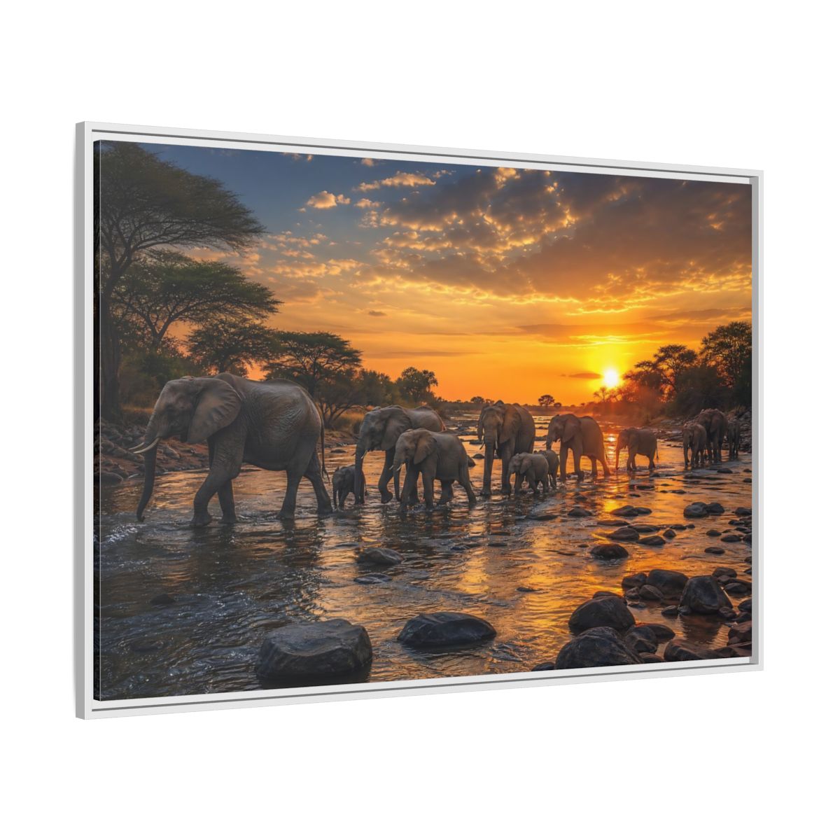 Side Mockup 7. Animals Elephants Elephants Sunset shown as stretched canvas wall art