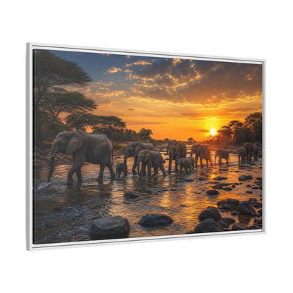 Side Mockup 7. Animals Elephants Elephants Sunset shown as stretched canvas wall art