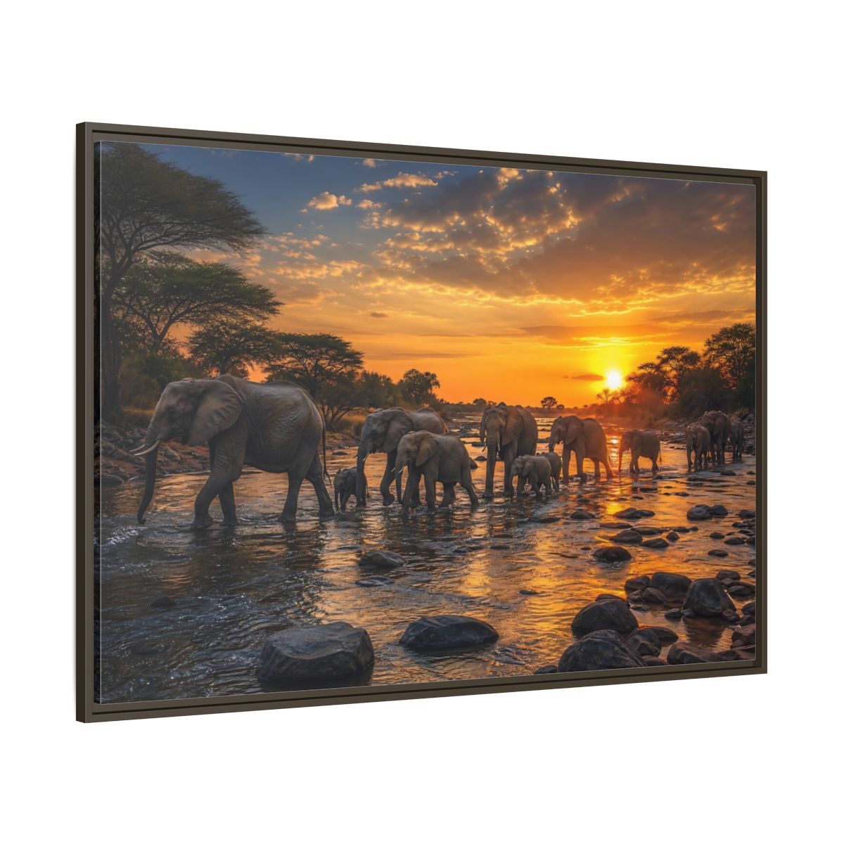 Side Mockup 8. Animals Elephants Elephants Sunset shown as stretched canvas wall art