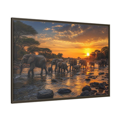 Side Mockup 8. Animals Elephants Elephants Sunset shown as stretched canvas wall art