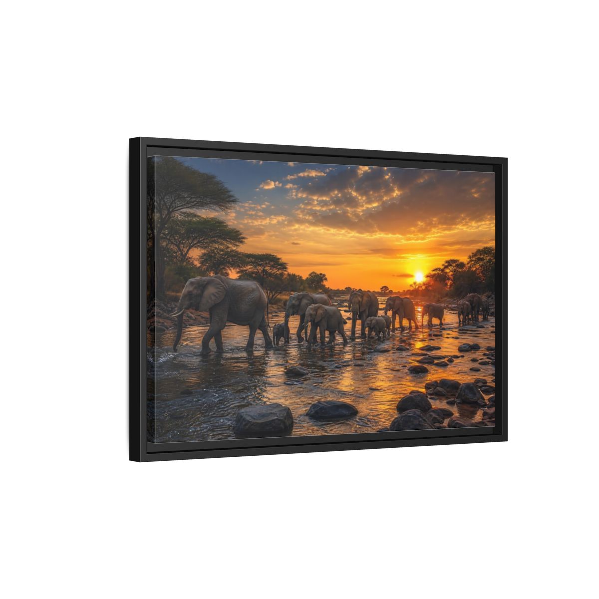 Side Mockup 3. Animals Elephants Elephants Sunset shown as stretched canvas wall art