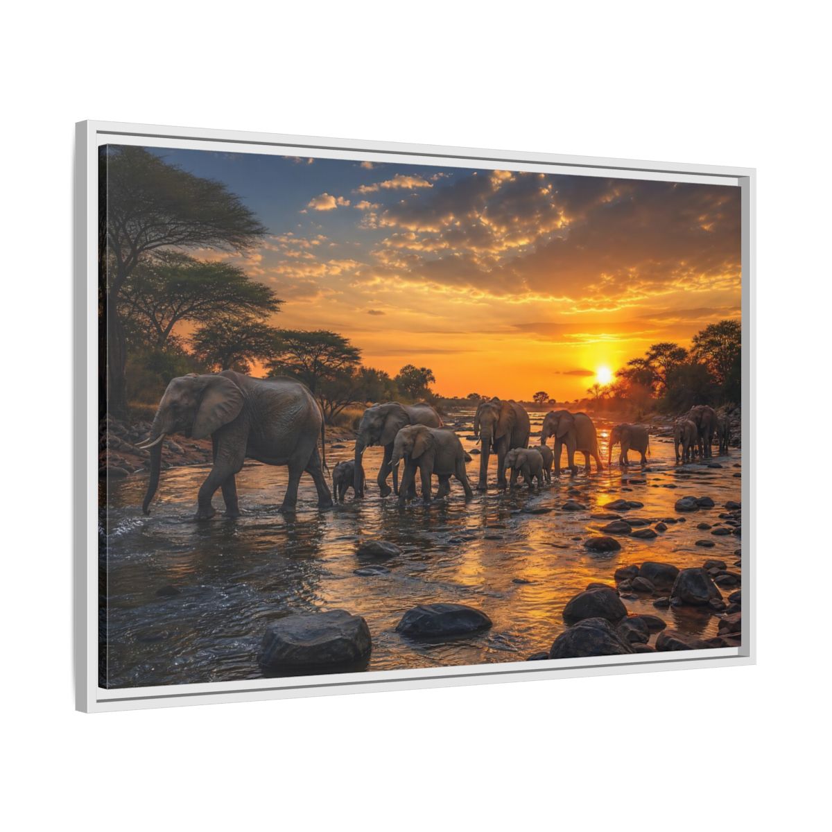 Side Mockup 9. Animals Elephants Elephants Sunset shown as stretched canvas wall art