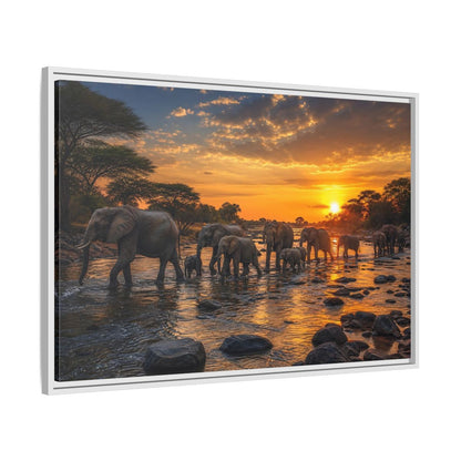 Side Mockup 9. Animals Elephants Elephants Sunset shown as stretched canvas wall art