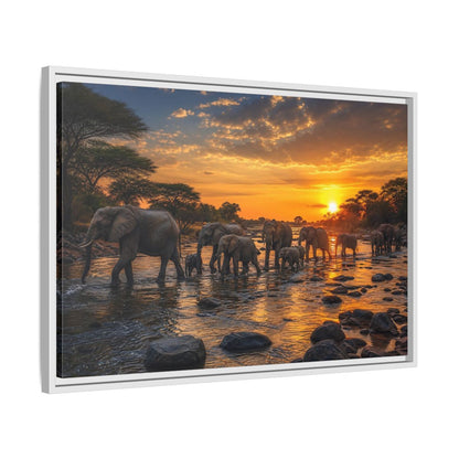 Side Mockup 10. Animals Elephants Elephants Sunset shown as stretched canvas wall art