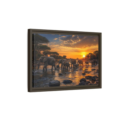 Side Mockup 5. Animals Elephants Elephants Sunset shown as stretched canvas wall art