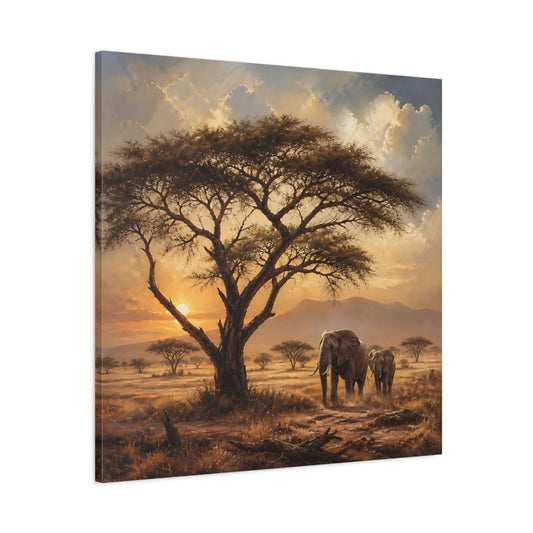 Main Mockup. Animals Elephants Warm Sunset shown as stretched canvas wall art