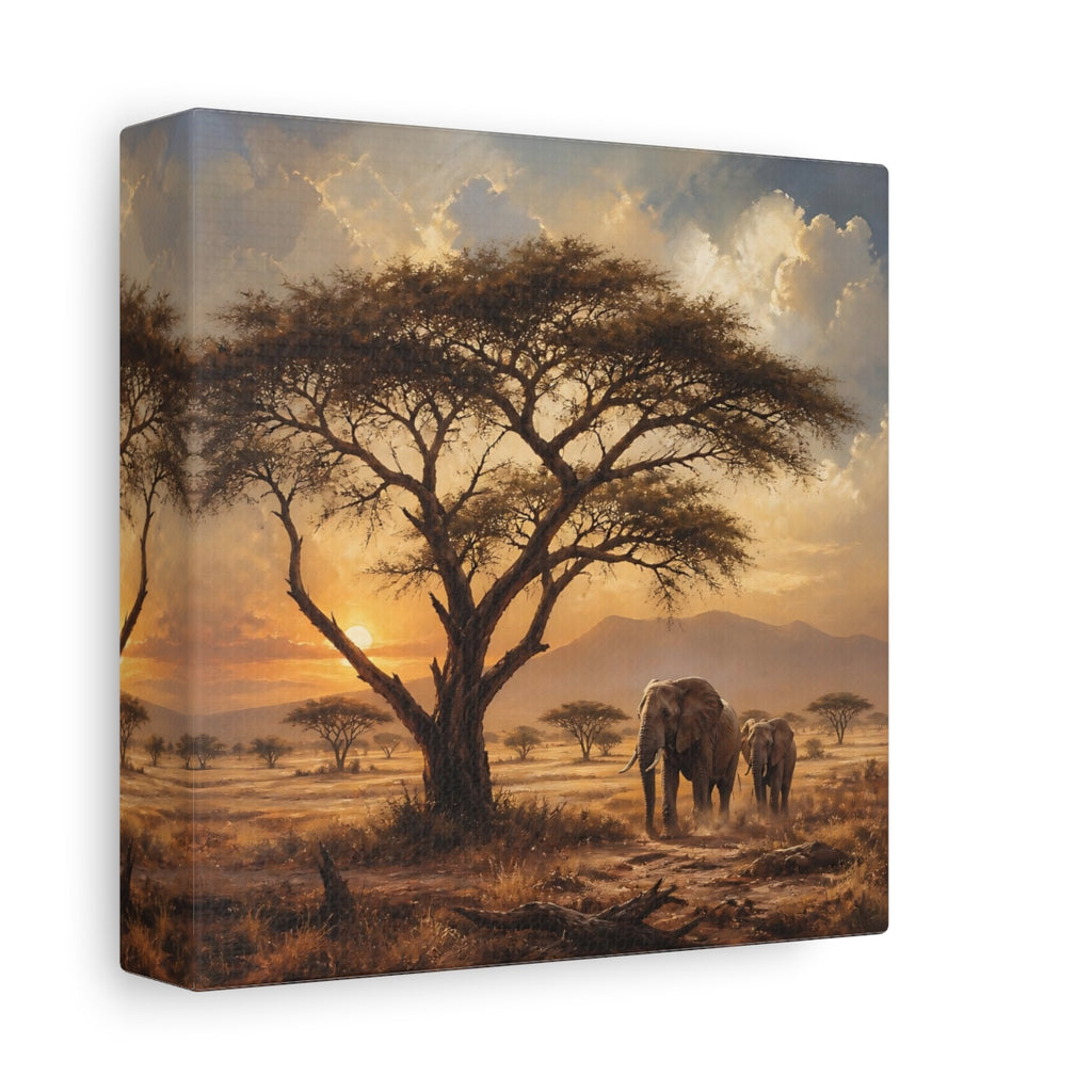 Side Mockup 2. Animals Elephants Warm Sunset shown as stretched canvas wall art