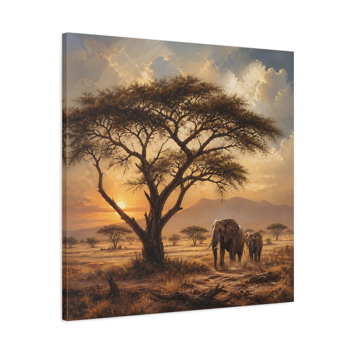 Side Mockup 3. Animals Elephants Warm Sunset shown as stretched canvas wall art