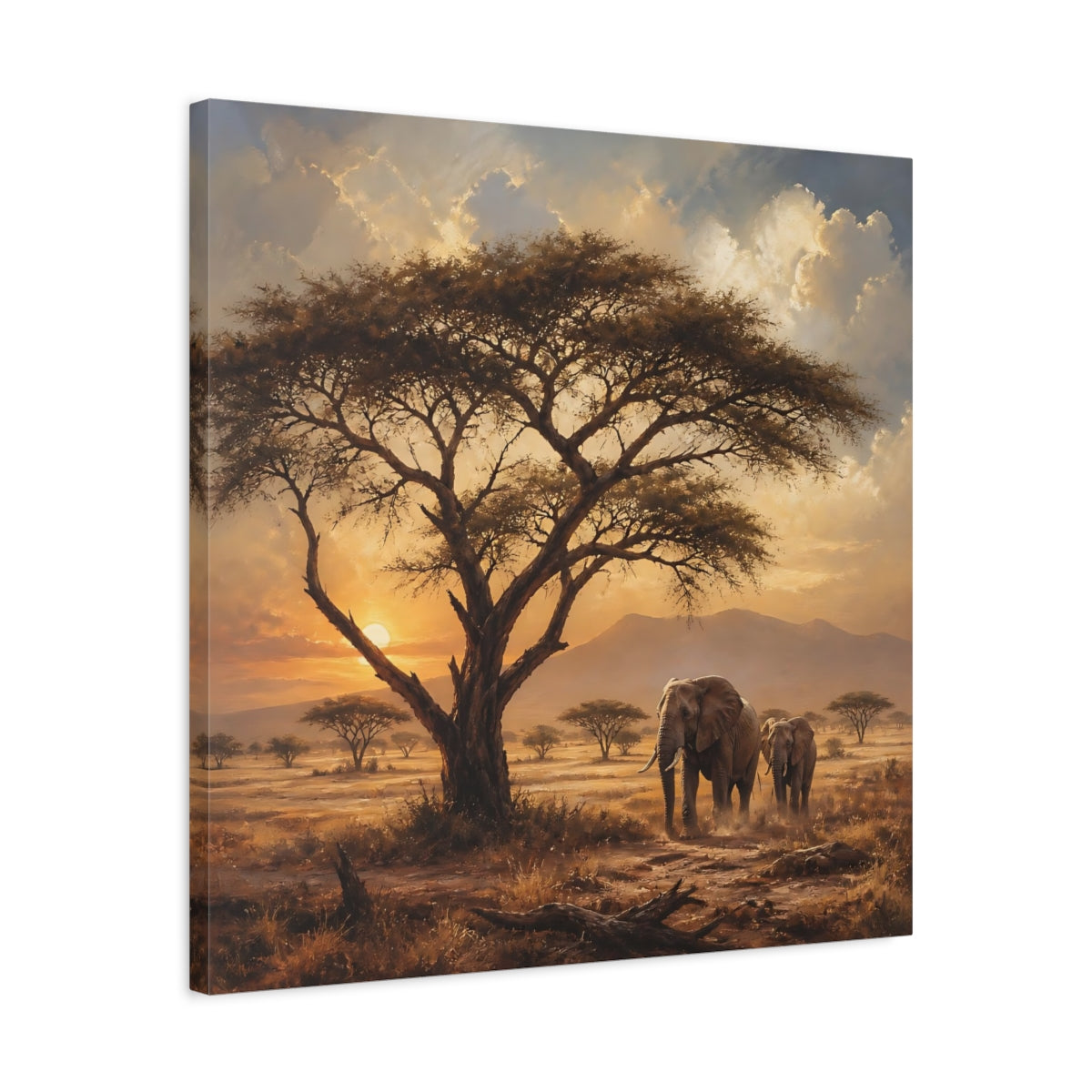 Side Mockup 4. Animals Elephants Warm Sunset shown as stretched canvas wall art