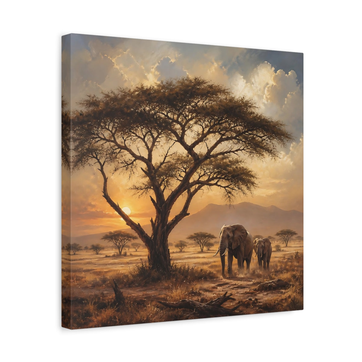 Side Mockup 6. Animals Elephants Warm Sunset shown as stretched canvas wall art
