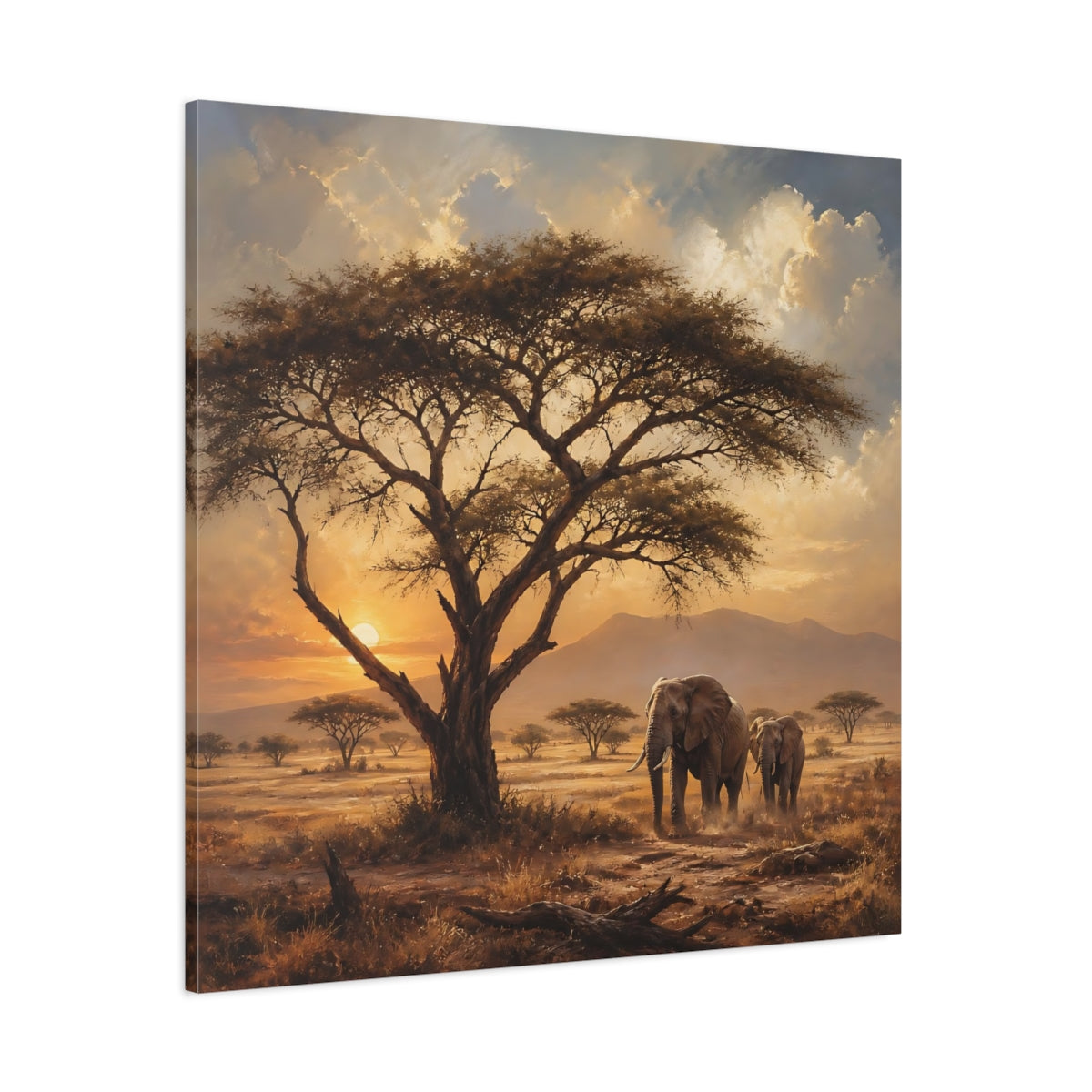 Side Mockup 1. Animals Elephants Warm Sunset shown as stretched canvas wall art