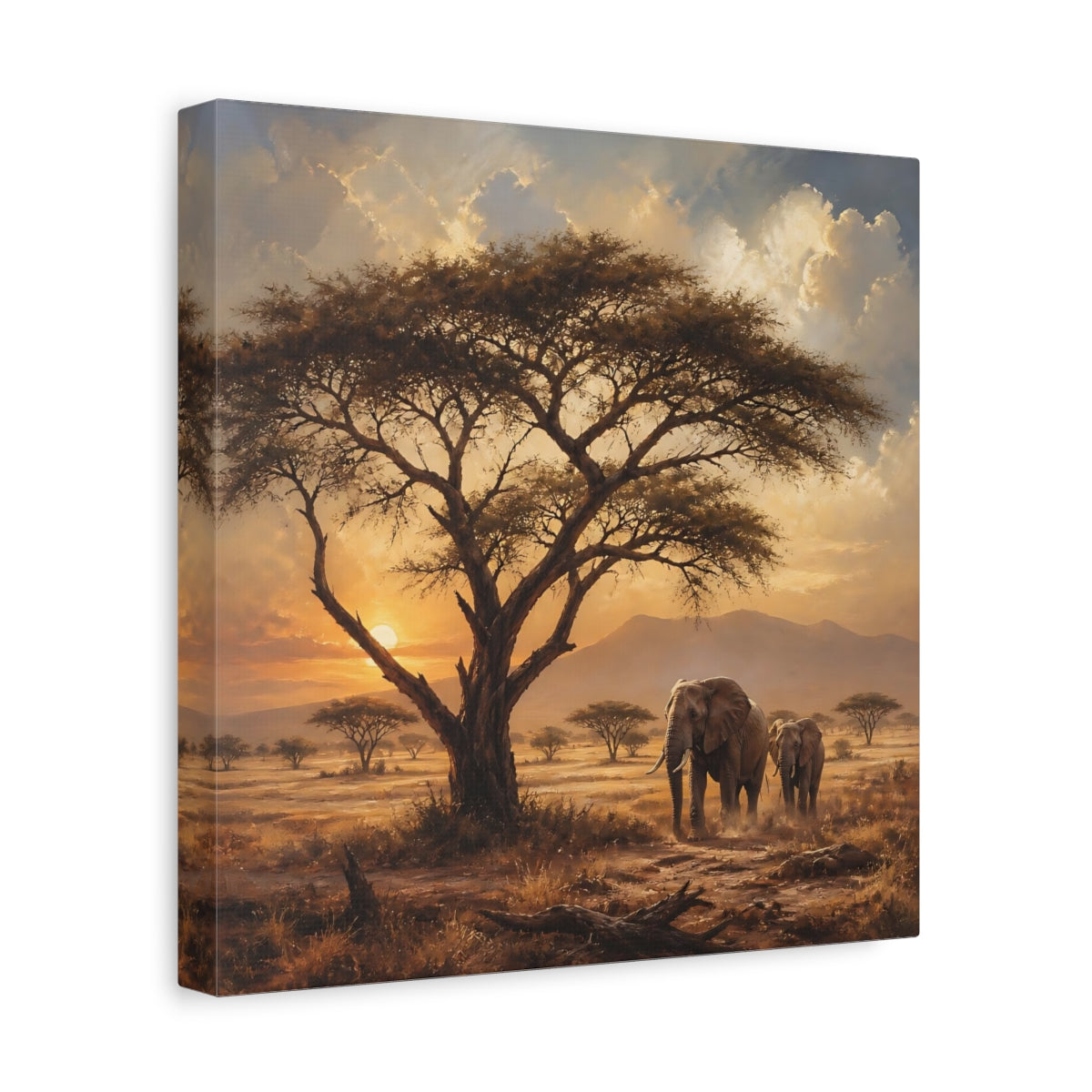 Side Mockup 8. Animals Elephants Warm Sunset shown as stretched canvas wall art