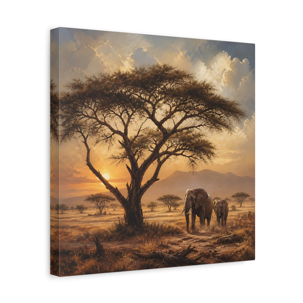 Side Mockup 7. Animals Elephants Warm Sunset shown as stretched canvas wall art