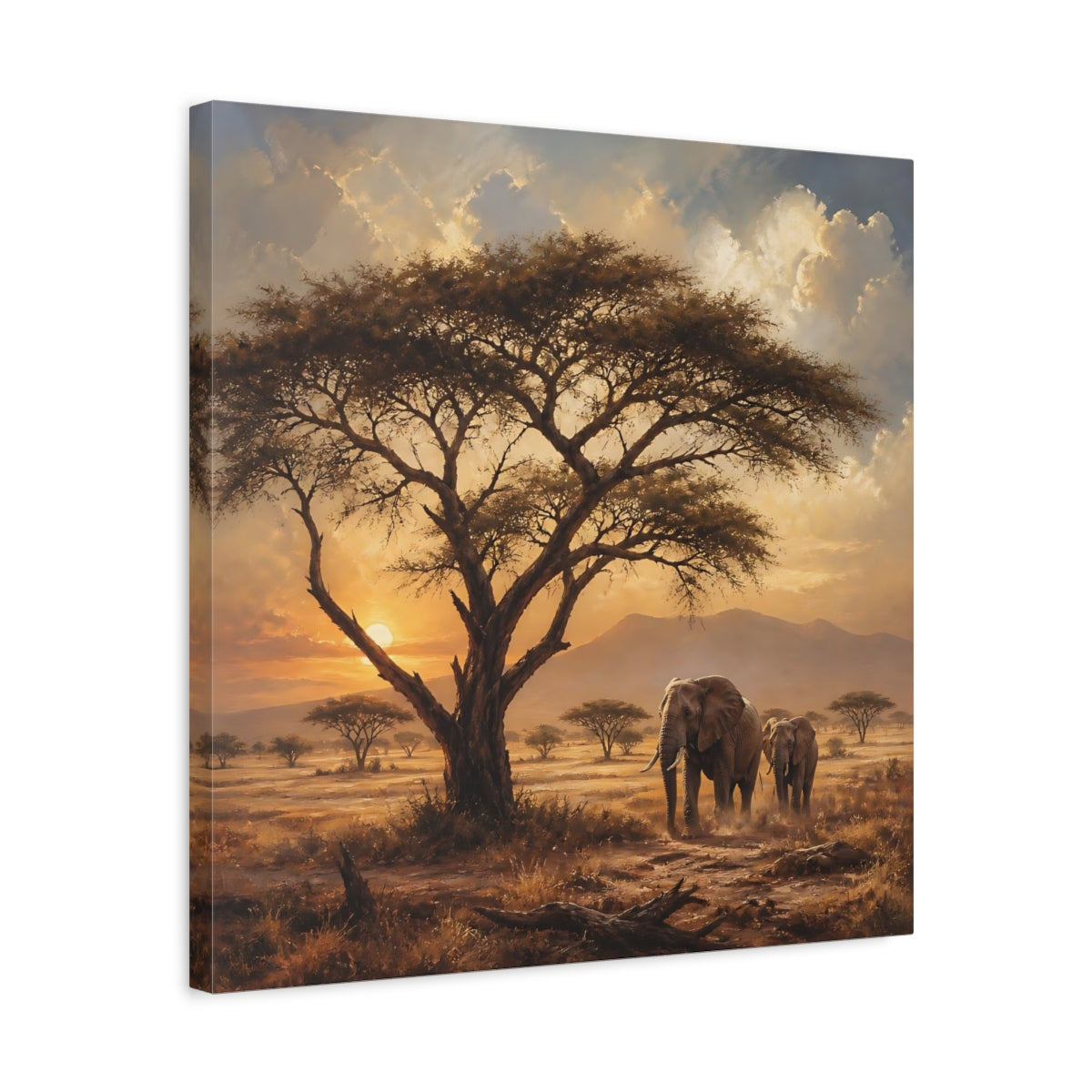 Side Mockup 5. Animals Elephants Warm Sunset shown as stretched canvas wall art
