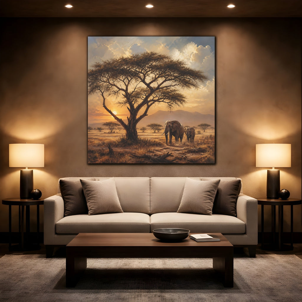 Mockup 2. Animals Elephants Warm Sunset shown as stretched canvas wall art