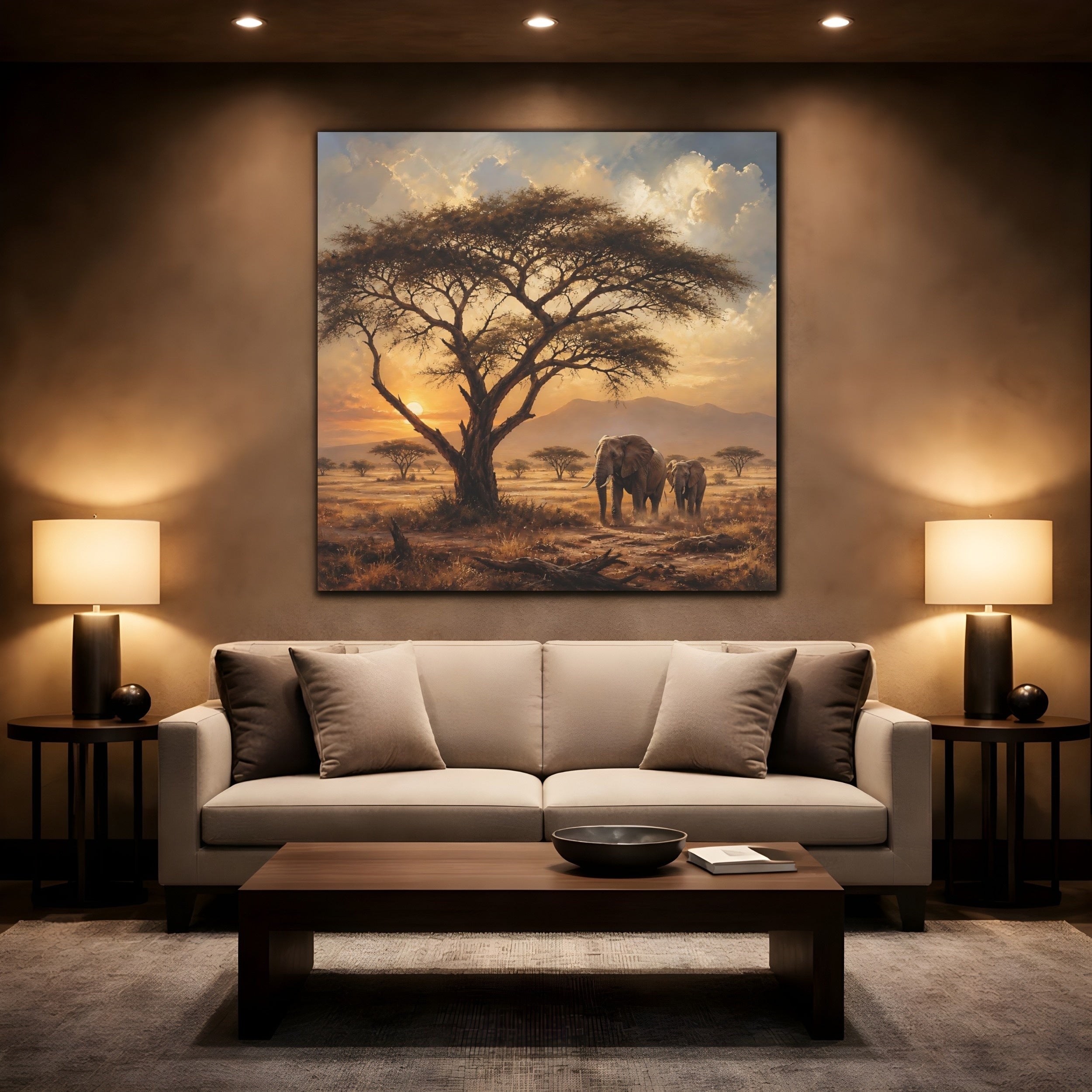 Mockup 2. Animals Elephants Warm Sunset shown as stretched canvas wall art