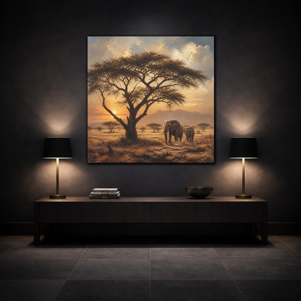 Mockup 3. Animals Elephants Warm Sunset shown as stretched canvas wall art