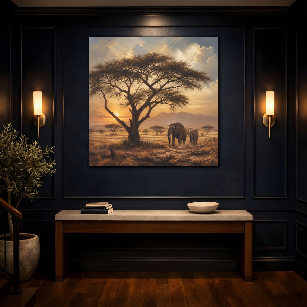 Mockup 4. Animals Elephants Warm Sunset shown as stretched canvas wall art