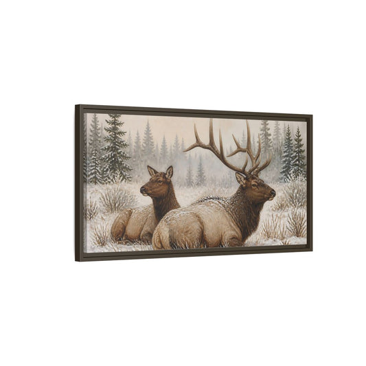 Main Mockup. Animals Elk Brown And White Elk shown as stretched canvas wall art