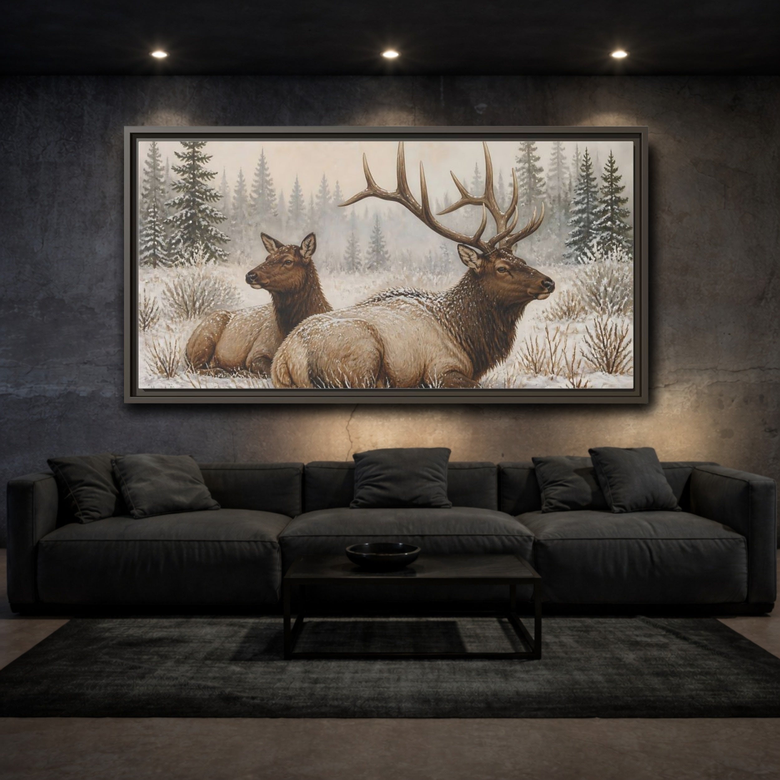 Mockup 3. Animals Elk Brown And White Elk shown as stretched canvas wall art