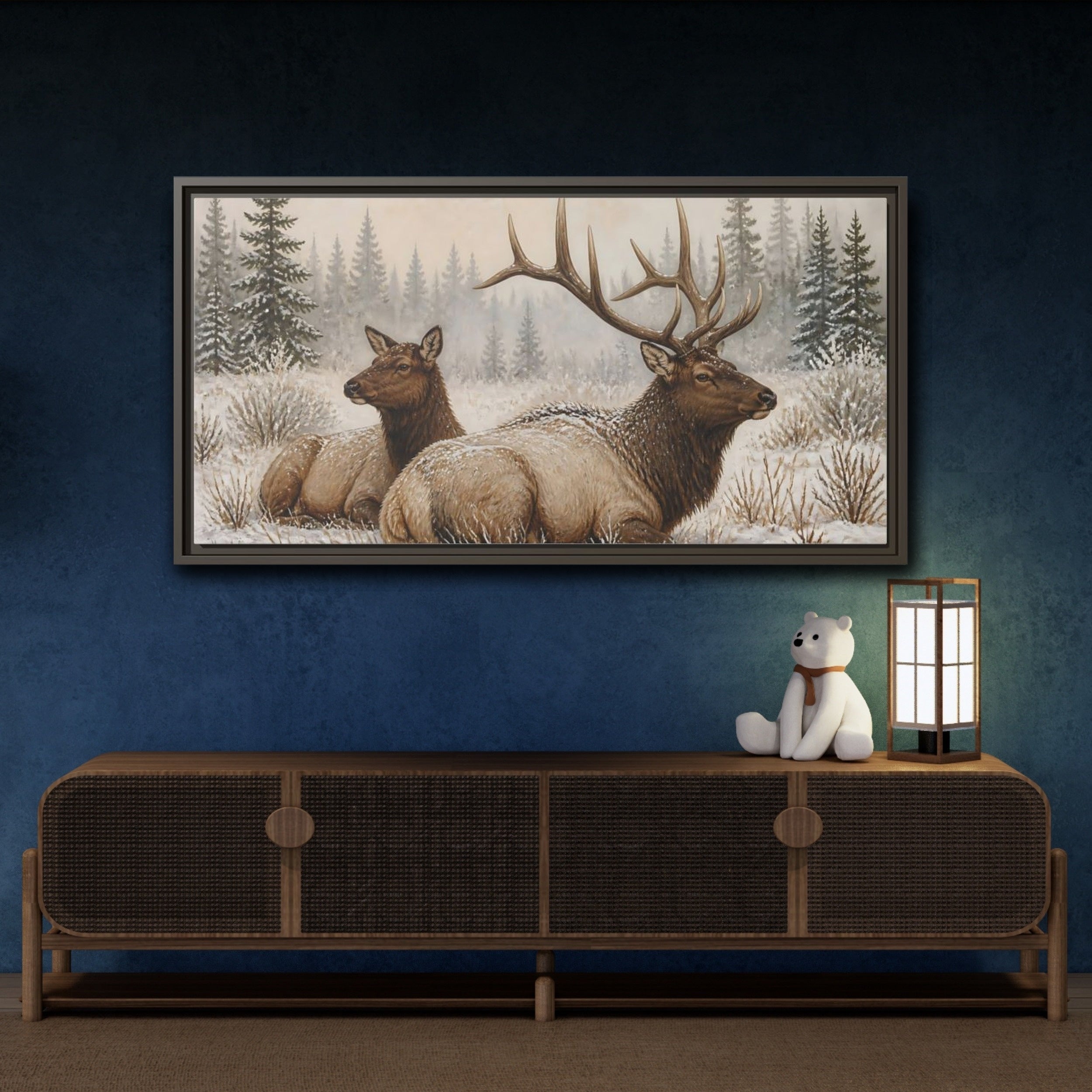 Mockup 4. Animals Elk Brown And White Elk shown as stretched canvas wall art