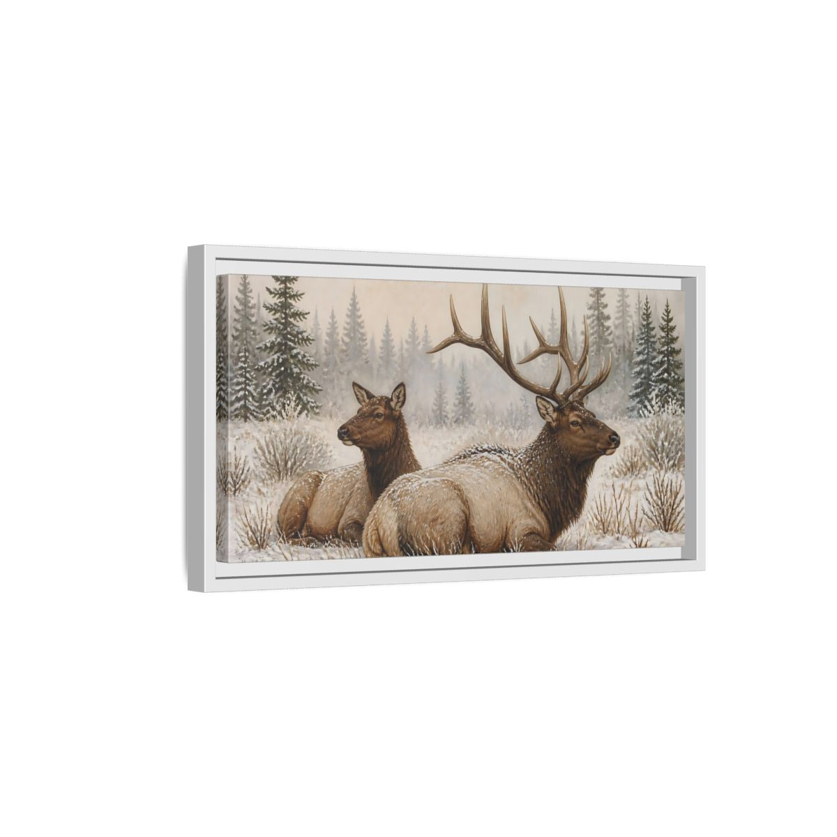 Side Mockup 6. Animals Elk Brown And White Elk shown as stretched canvas wall art