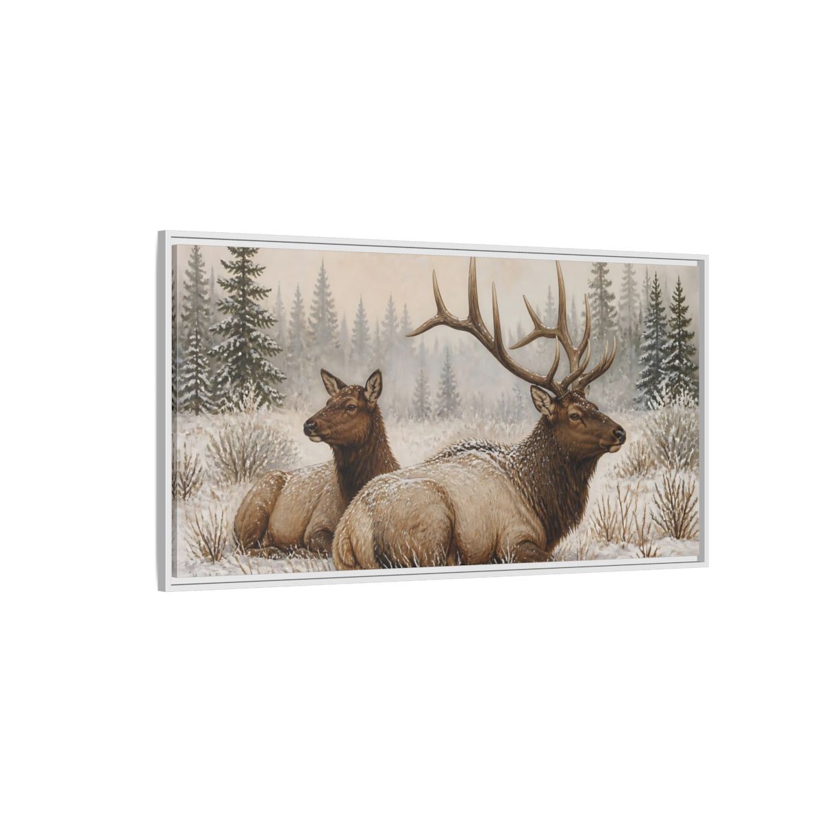 Side Mockup 3. Animals Elk Brown And White Elk shown as stretched canvas wall art
