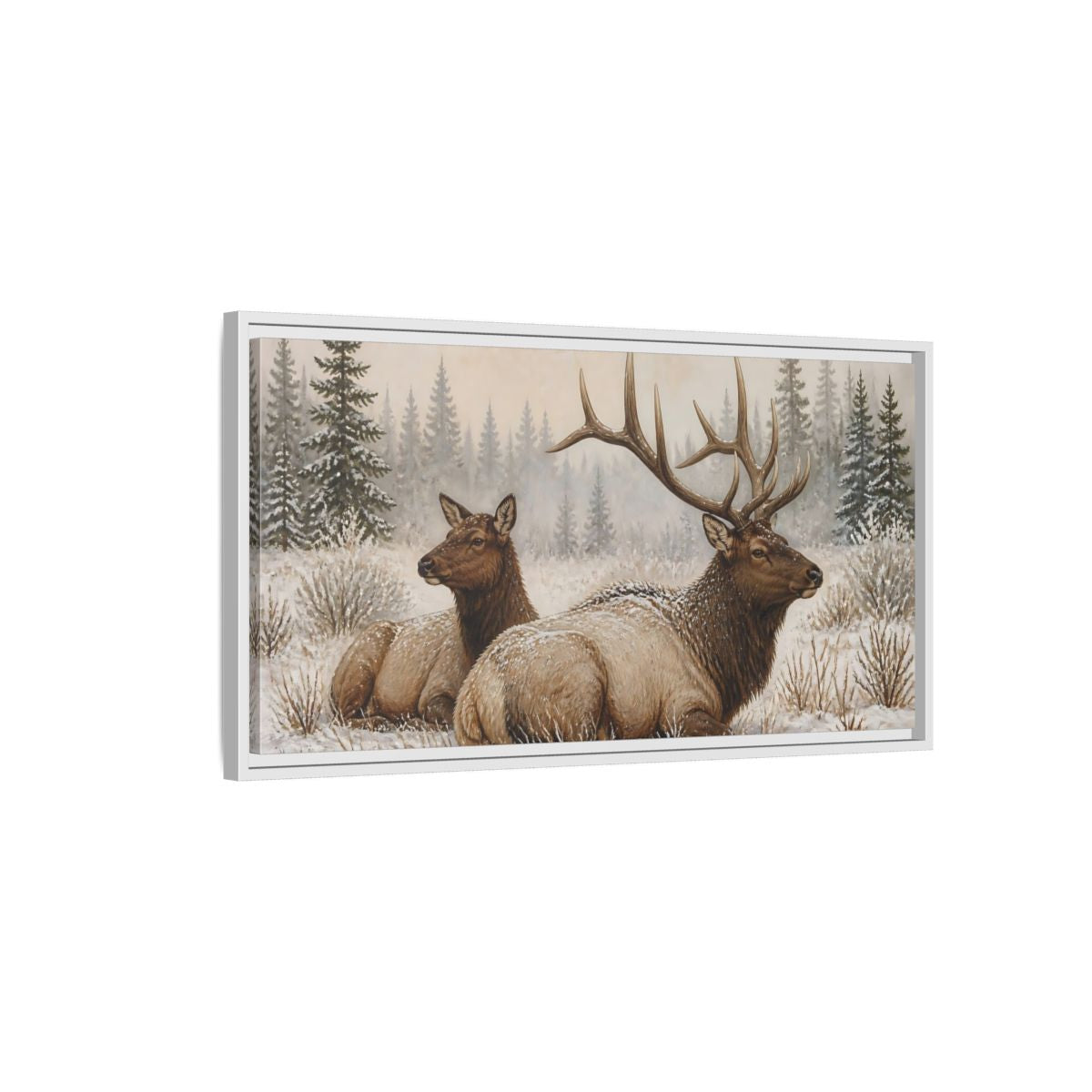 Side Mockup 1. Animals Elk Brown And White Elk shown as stretched canvas wall art